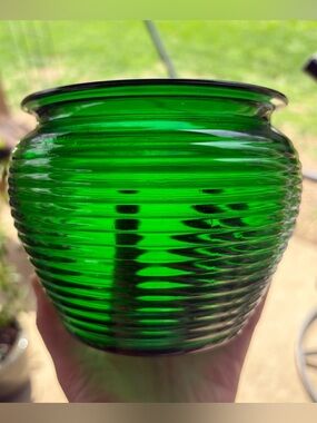VTG Green Rib Glass Beehive Vase Planter National Pottery Co. Cleveland Ohio USA